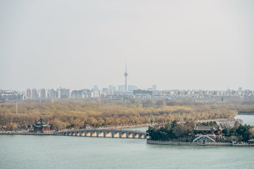 A view of the city from a bridge over water