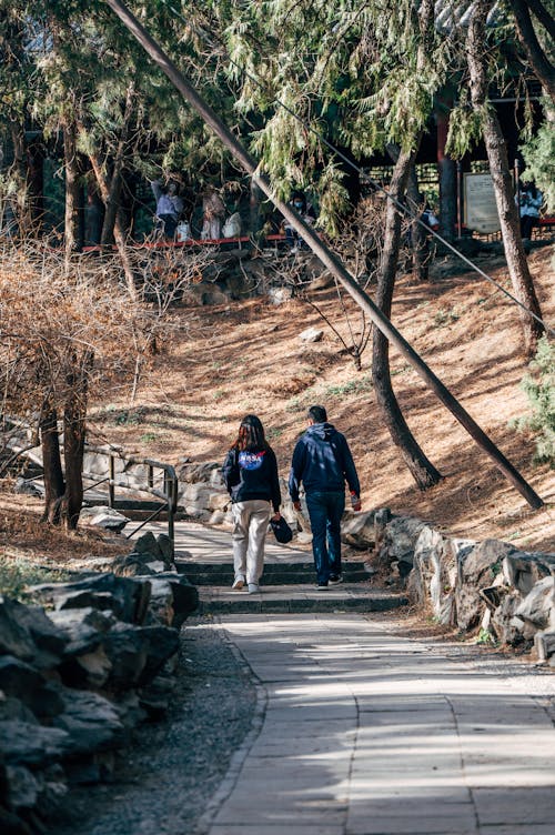 Two people walking down a path in a park