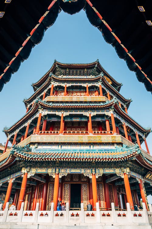 The chinese pagoda is surrounded by blue sky