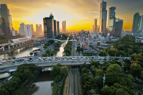 Aerial view of flyover traffic in Jakarta