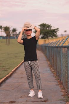 在巴西戈亚尼亚，一名时尚男子戴着软毡帽，在栅栏附近摆姿势