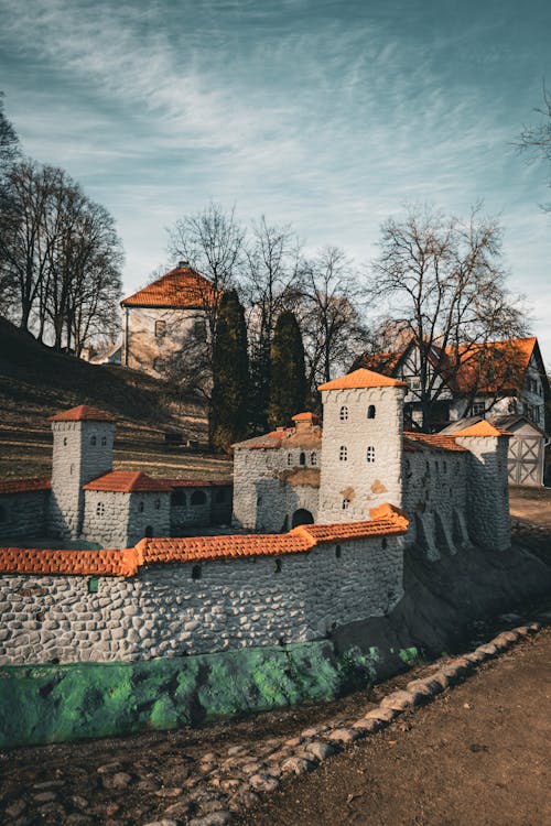 A castle in the middle of a field with trees