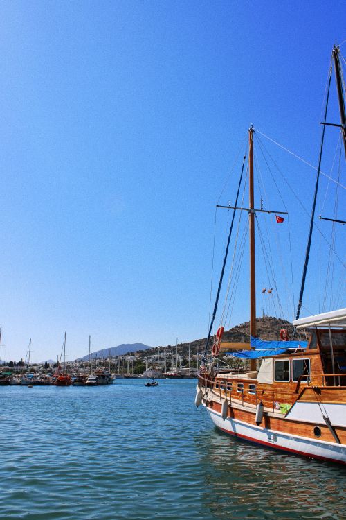 Free A tranquil scene of moored boats and yachts under a clear blue sky at a harbor. Stock Photo