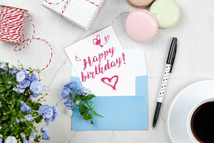 Happy Birthday Card On Marbled Surface