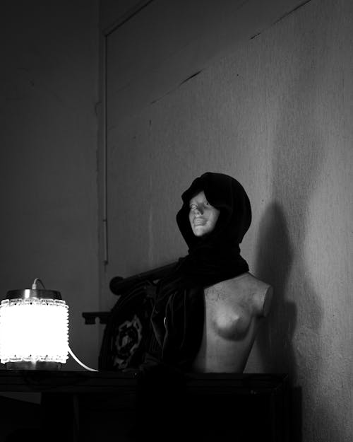 A black and white photo of a mannequin with a hood