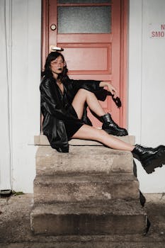 Model sitting on city steps in a leather jacket, embracing urban style.