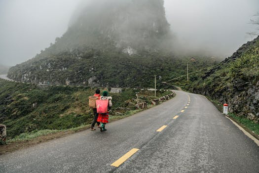 Two people walk along a foggy mountain road carrying baskets, surrounded by lush greenery.