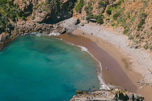 Discover this serene beach cove with clear blue waters and rocky shores, captured from above showcasing summer relaxation.