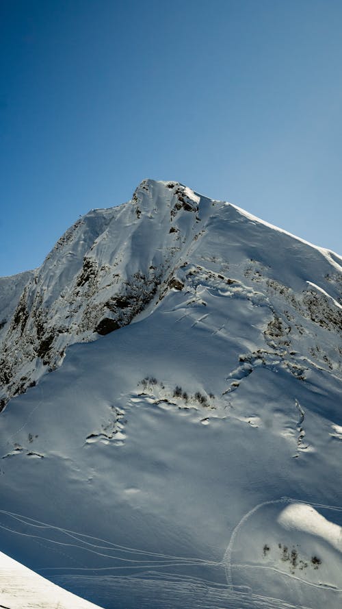 A snow covered mountain with a blue sky