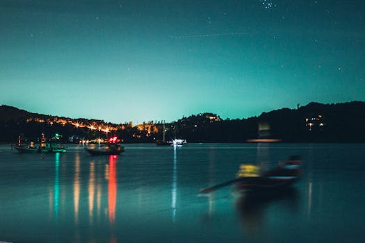 夜晚，泰国素叻他尼湖上，船只与倒影构成一片宁静的景象