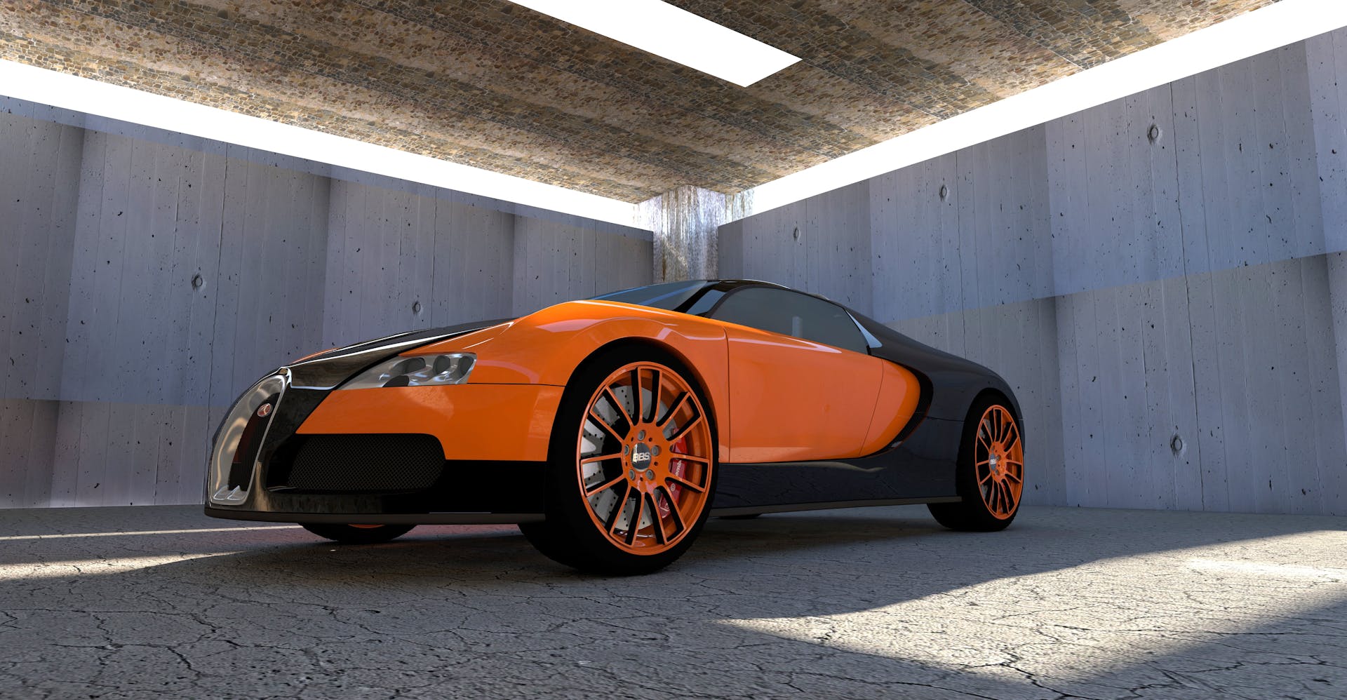 Dynamic image of a sleek orange luxury sports car with striking design in a contemporary setting.