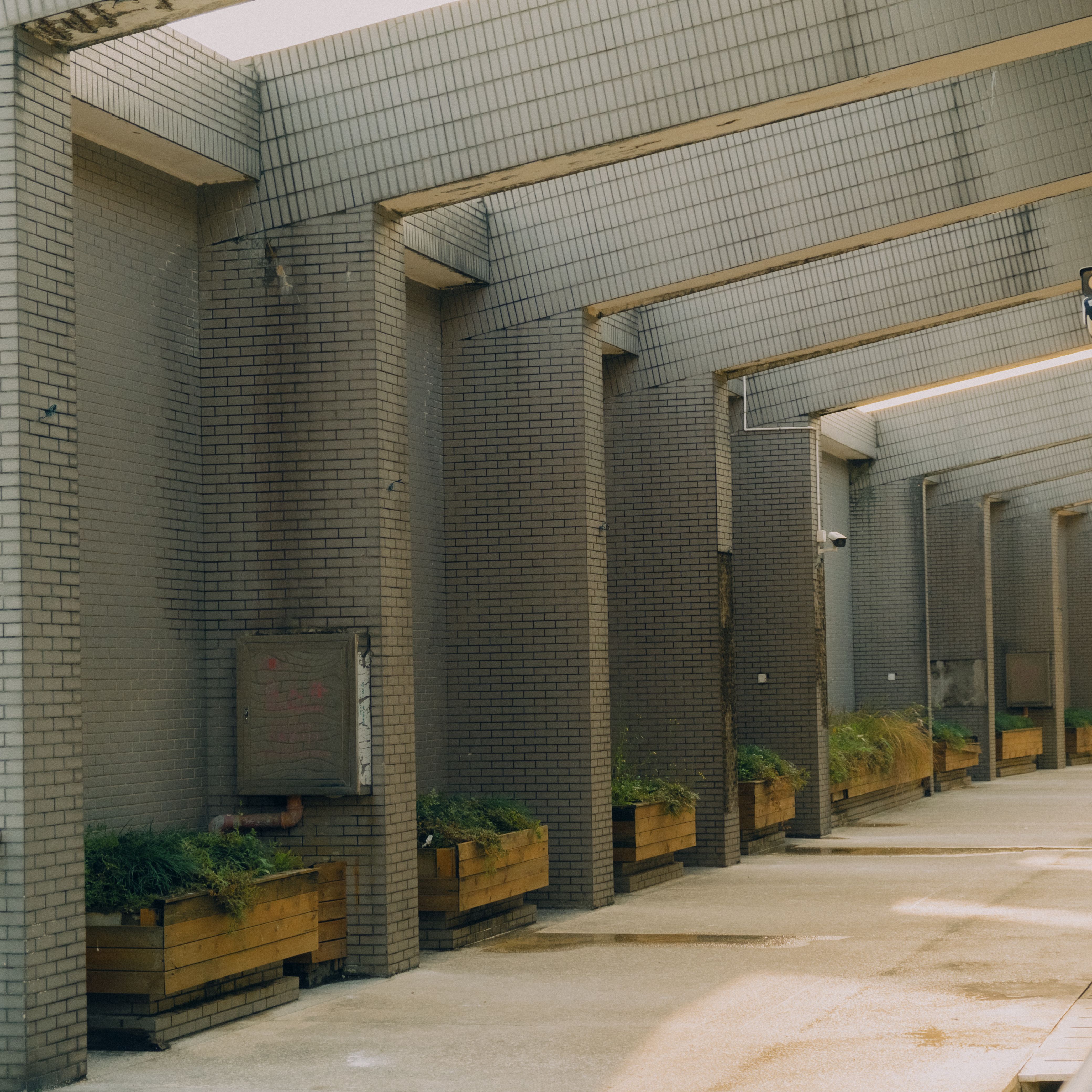 Covered outdoor walkway with brick walls and potted plants, perfect for urban architecture themes.