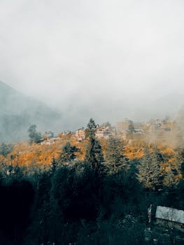 A serene autumn view of a foggy hillside townscape in Manali, India.
