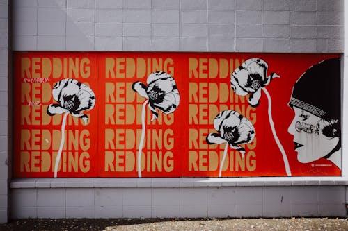 A mural with a red background and white flowers