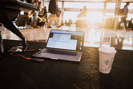 Laptop and coffee cup on airport floor with passengers walking by in warm sunlight.