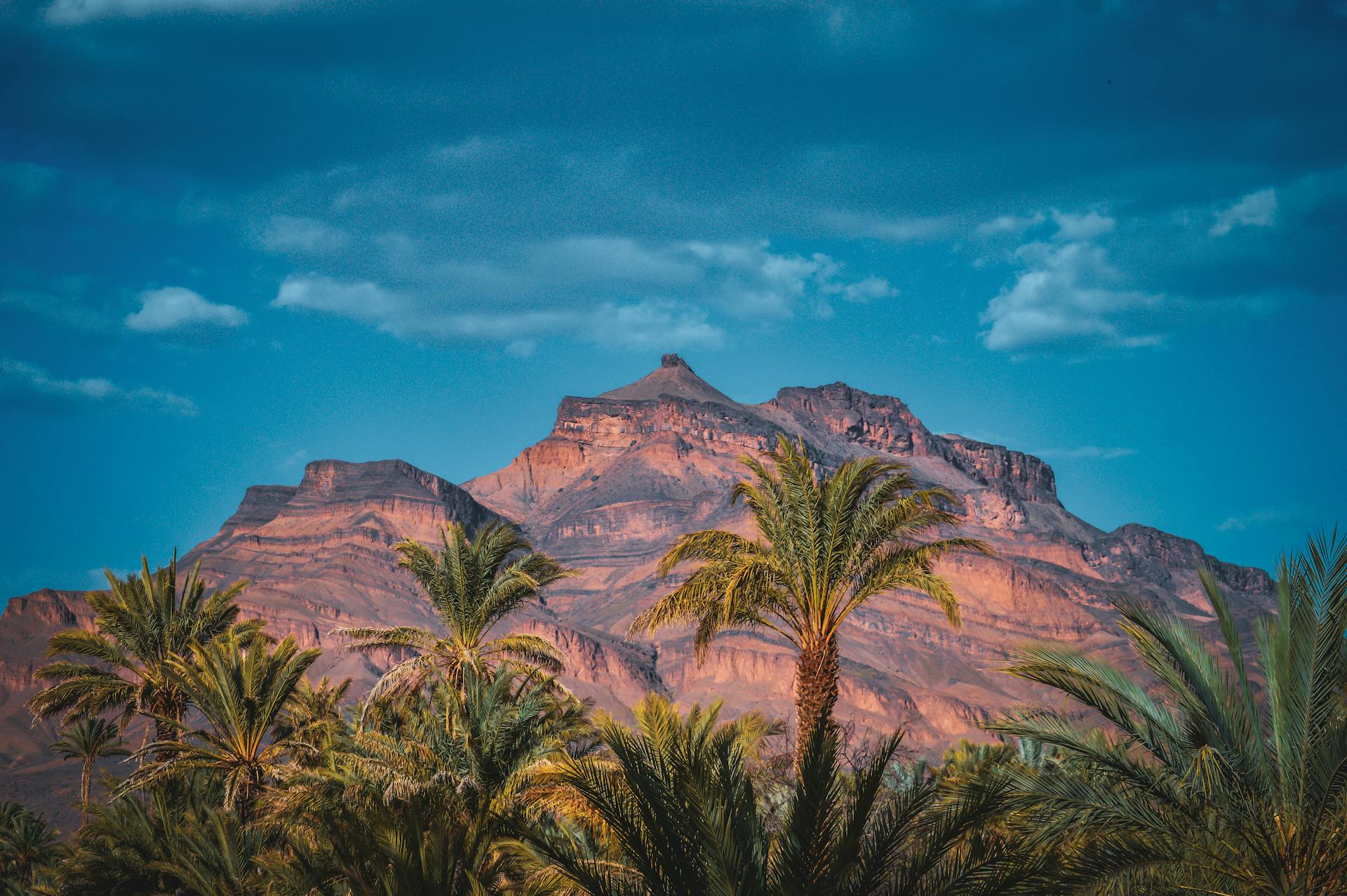 Stunning mountain landscape in Morocco, Indiana featuring lush palm trees under a vibrant sky.