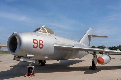 Free Classic military jet with the number 96 on a sunny day in Madrid, Spain. Stock Photo