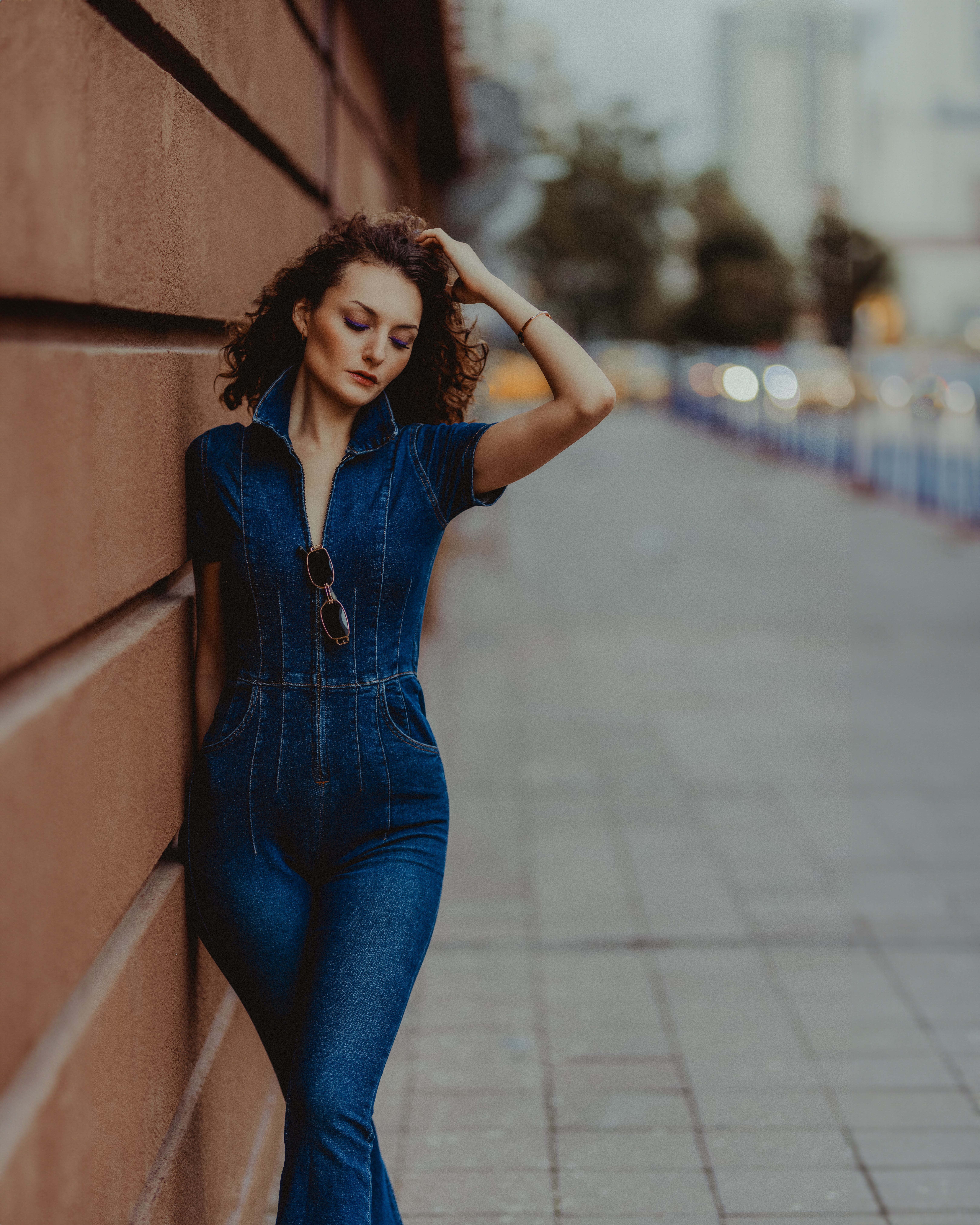 Woman in a casual cotton twill jumpsuit