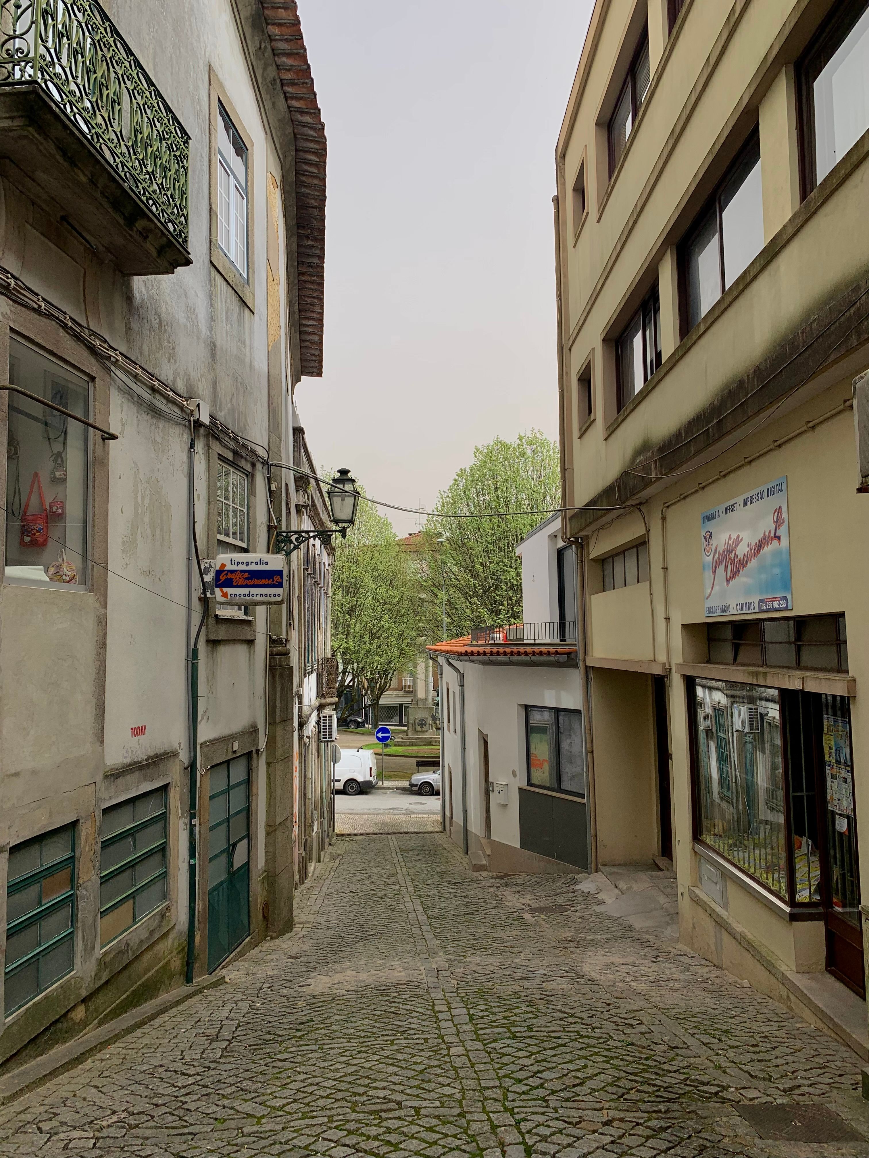 Explore this quaint cobblestone street lined with historic buildings in Oliveira de Azeméis, Portugal.