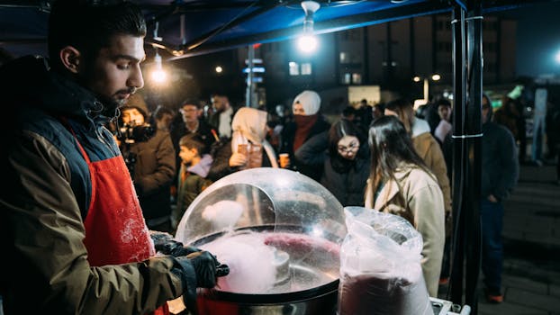 Street vendor prepares cotton candy at night market surrounded by people.