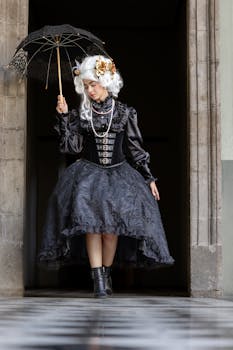 Stylish woman in Victorian costume stands with parasol in Mexico City doorway.