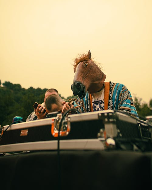 A man wearing a horse mask playing a dj set