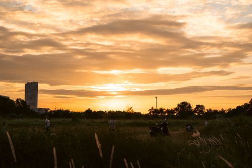 Free Peaceful rural scene at sunset with people and motor scooter silhouetted against the golden sky. Stock Photo
