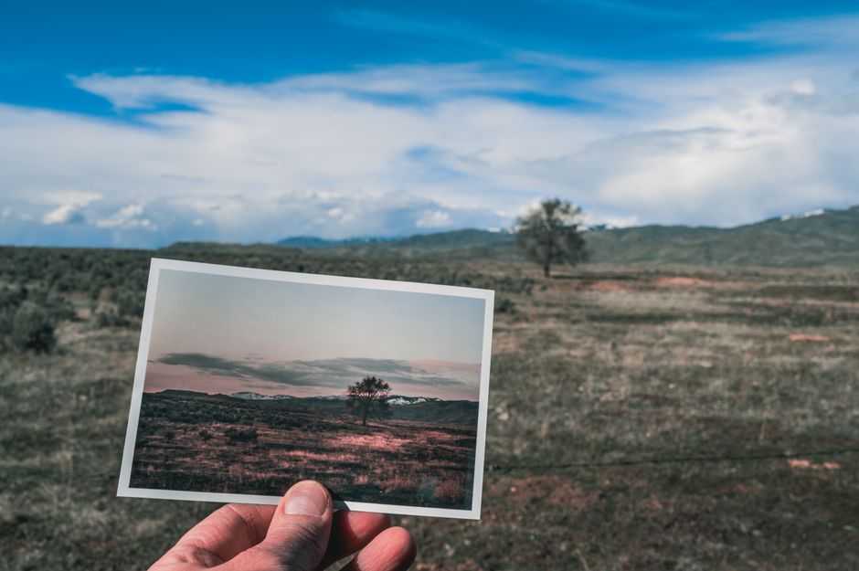 A hand holds a landscape photograph against a scenic countryside backdrop, showcasing artistic contrast.