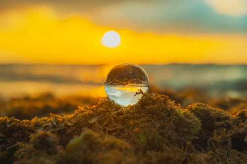 A glass ball sitting on the ground with the sun setting in the background