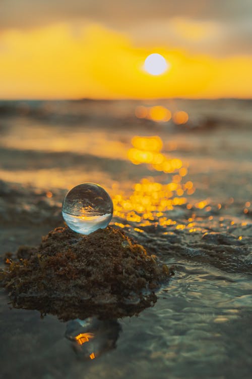 A glass ball sitting on top of a rock at sunset