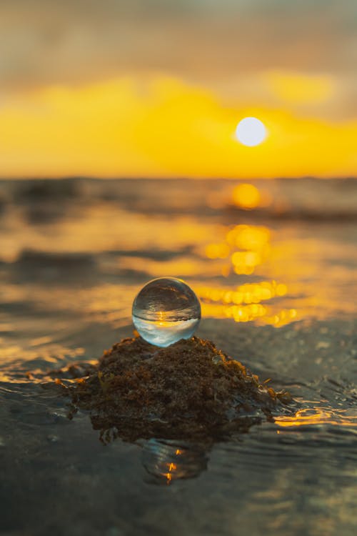 A glass ball sitting on top of a rock in the ocean