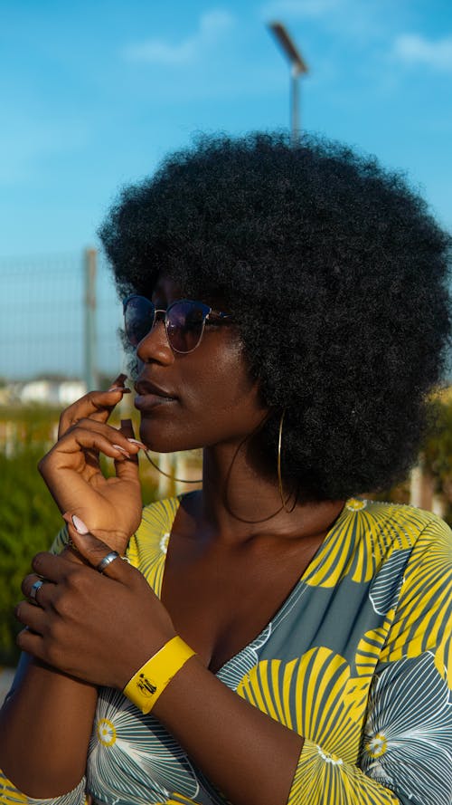 Ilmainen kuvapankkikuva tunnisteilla afro hiukset, aurinkolasit, katsoa poispäin