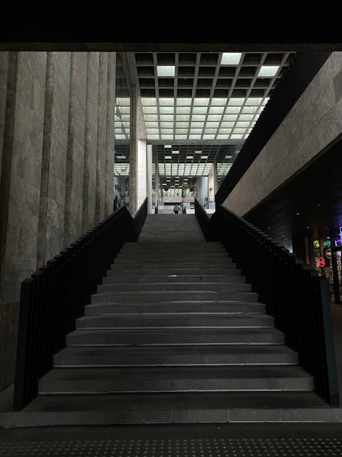 A stairway leading up to a building with a glass ceiling