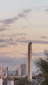 Scenic view of Campina Grande cityscape with a modern cable-stayed bridge at sunset.