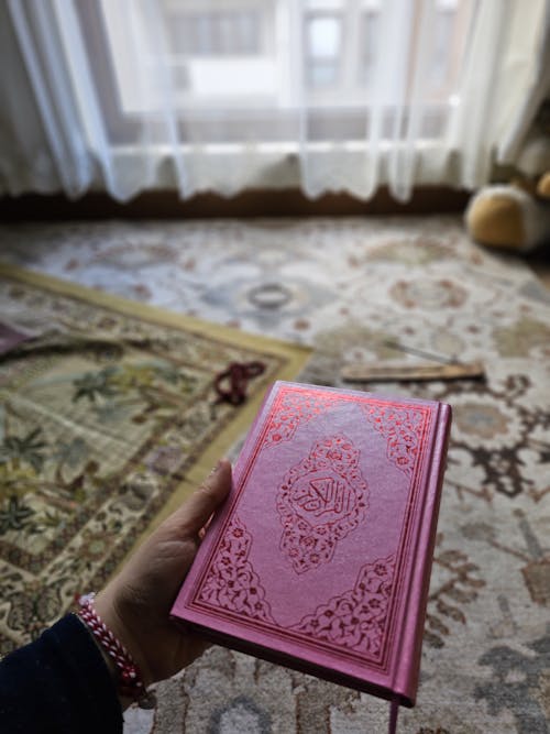 A person holding a pink book in front of a rug
