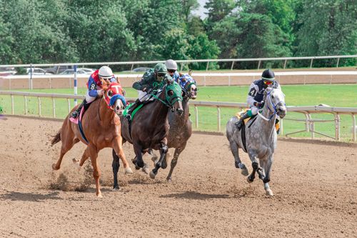 Free Jockeys and horses racing with intensity on a dirt track, showcasing speed and skill in an outdoor setting. Stock Photo