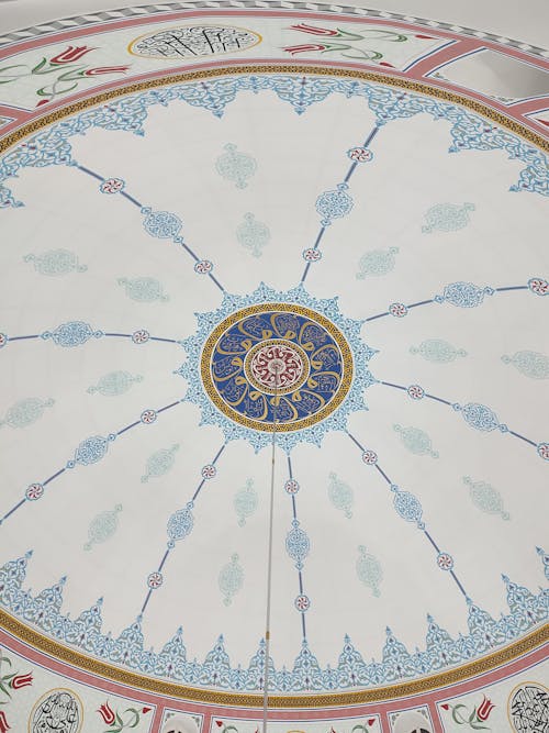 A ceiling with a decorative design on it