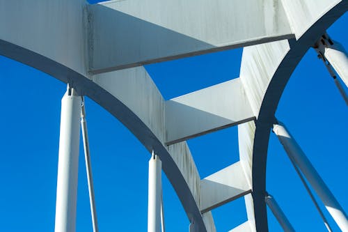 A close up of a metal bridge with blue sky