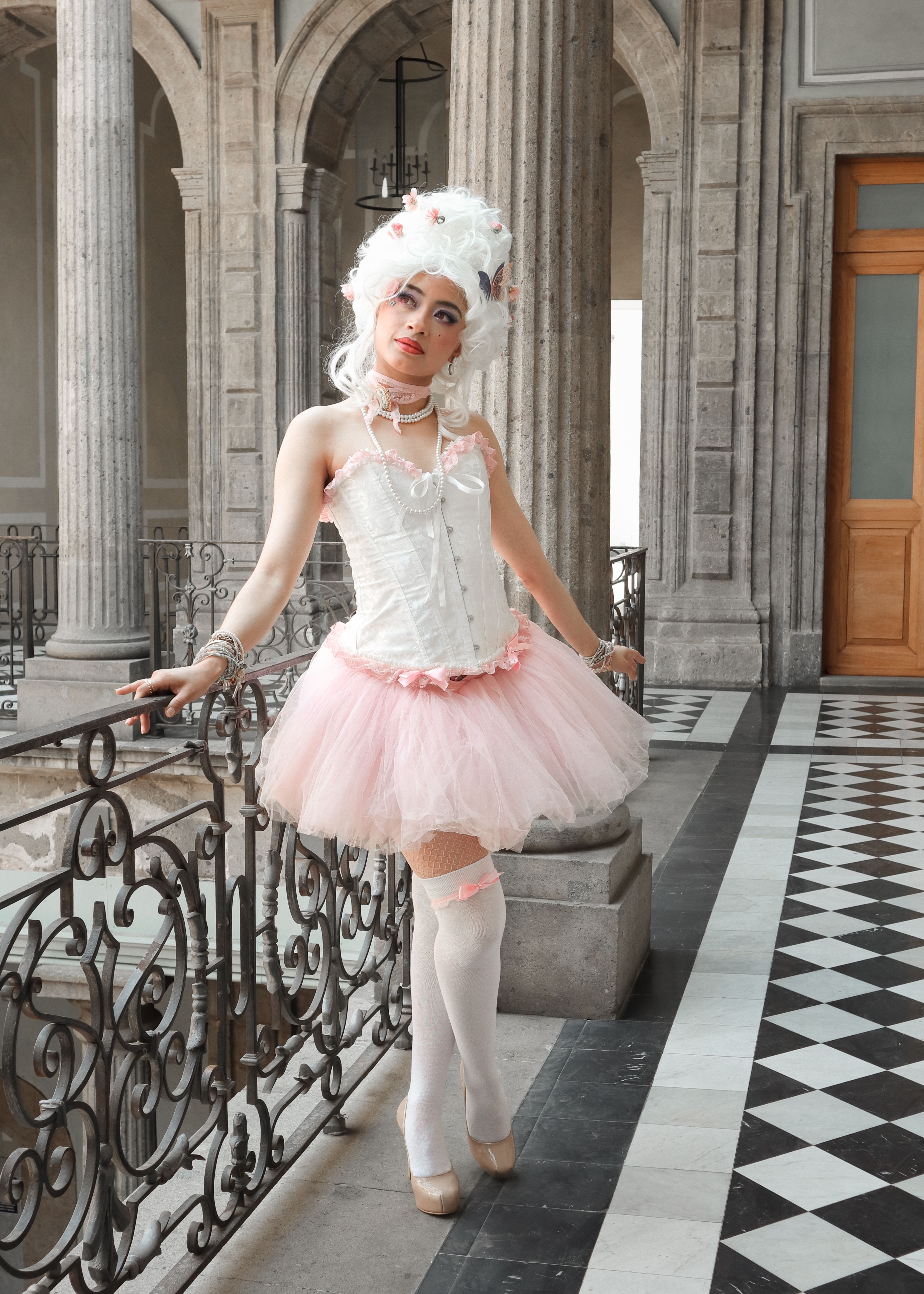 White Corset Pink Tutu White Thigh-High Socks Platform Heels
