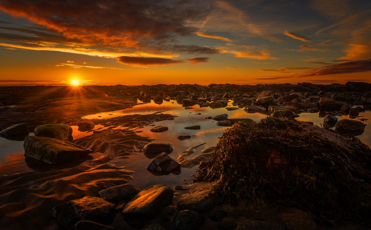Sunset by the Seashore with Rocks · Free Stock Photo