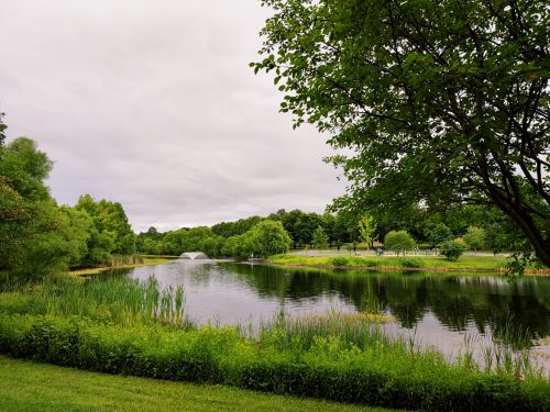 Free A serene summer landscape featuring a lake surrounded by lush trees and greenery. Stock Photo