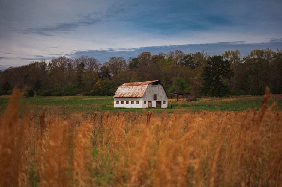 Charming white barn in a peaceful rural countryside setting near Atlanta, Georgia.