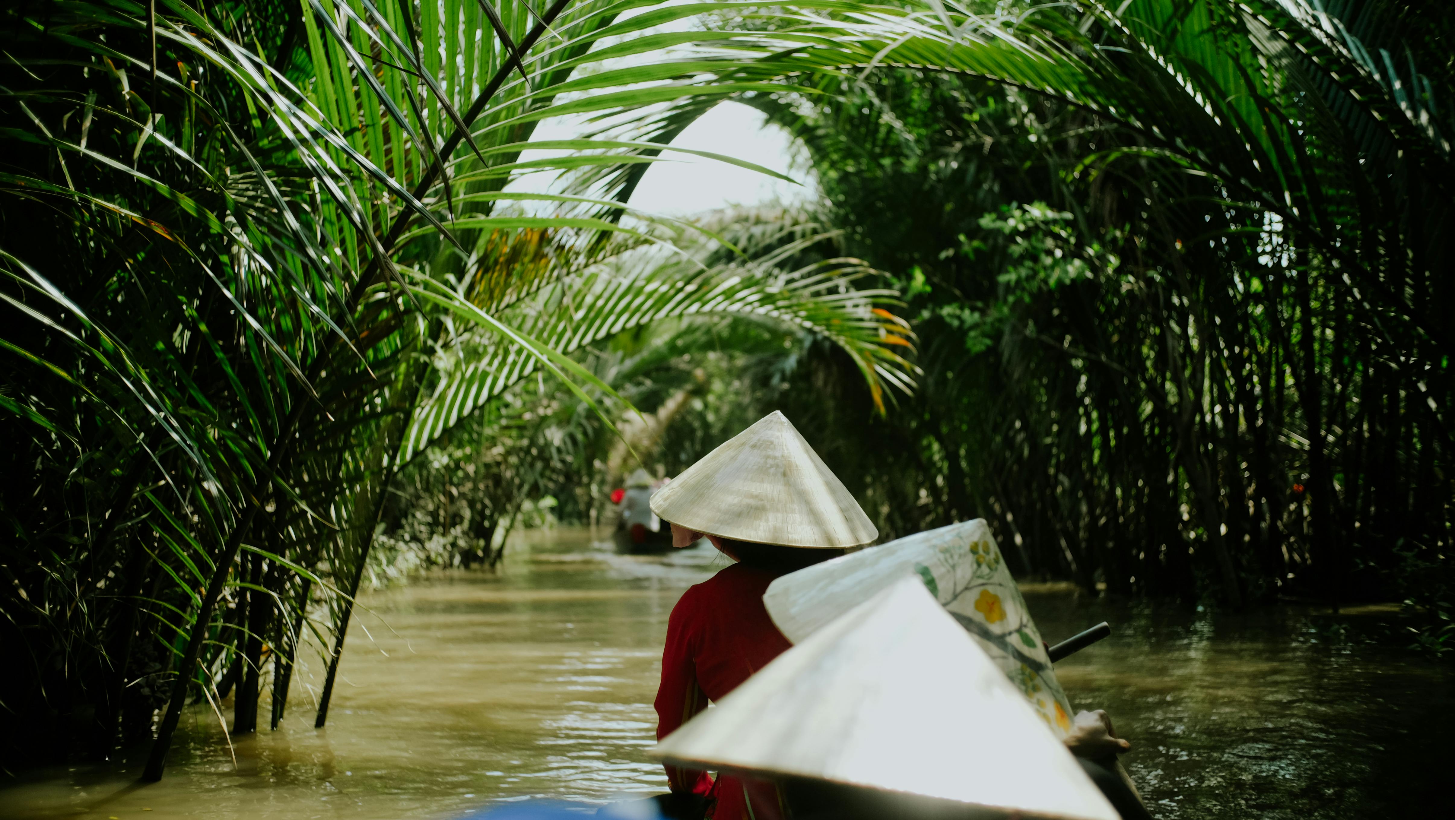 Peaceful journey in a traditional boat through lush tropical greenery on a river. - Cu Chi Tuneles (Tour todo el día)