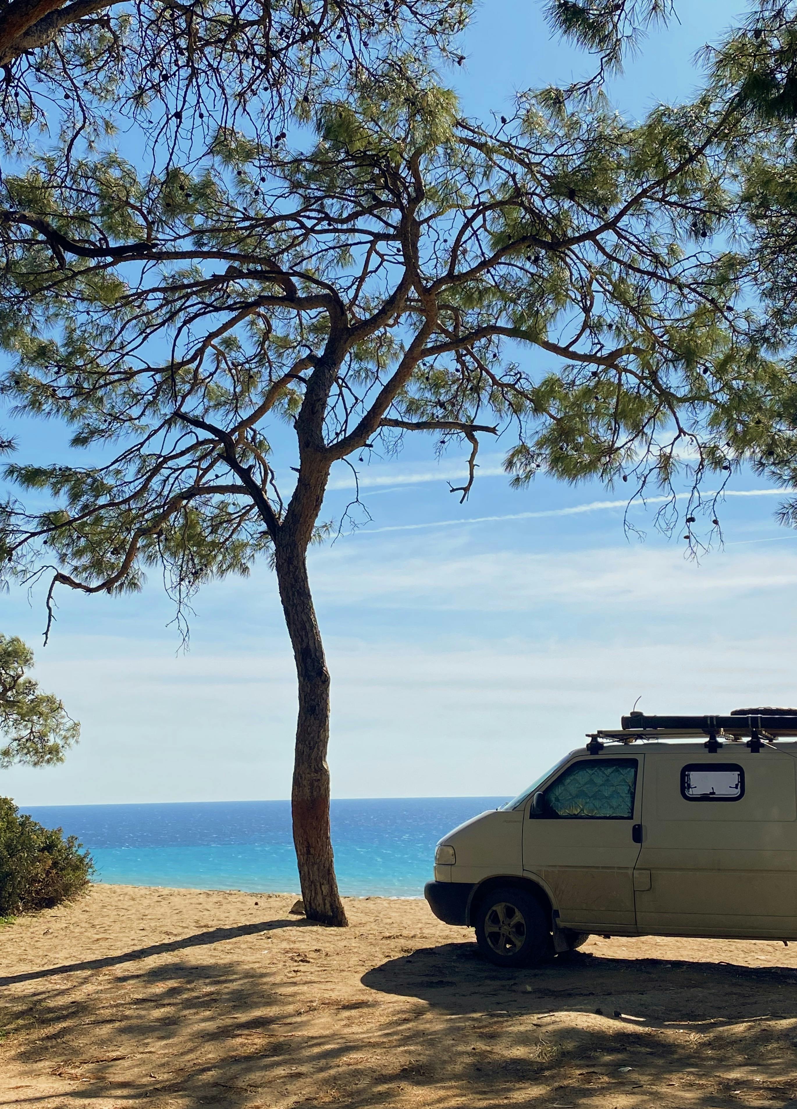 A camper van parked under a tree with a stunning ocean view on a sunny day.