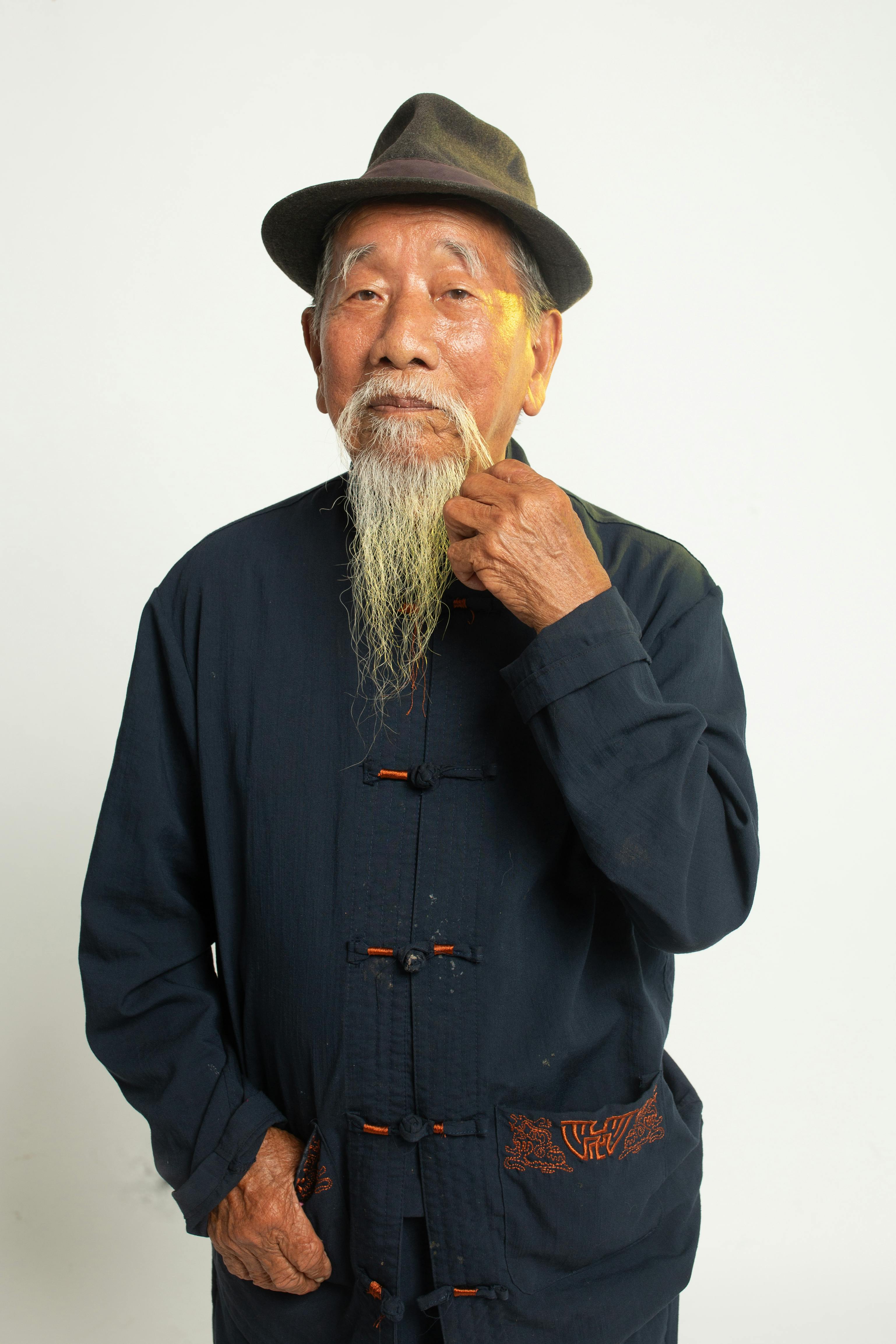 Elderly man with beard wearing traditional clothing and hat against neutral background.