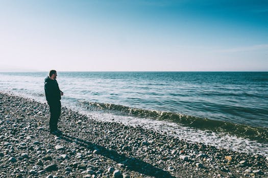 A man stands on a rocky beach, gazing at the ocean waves under a clear sky.
