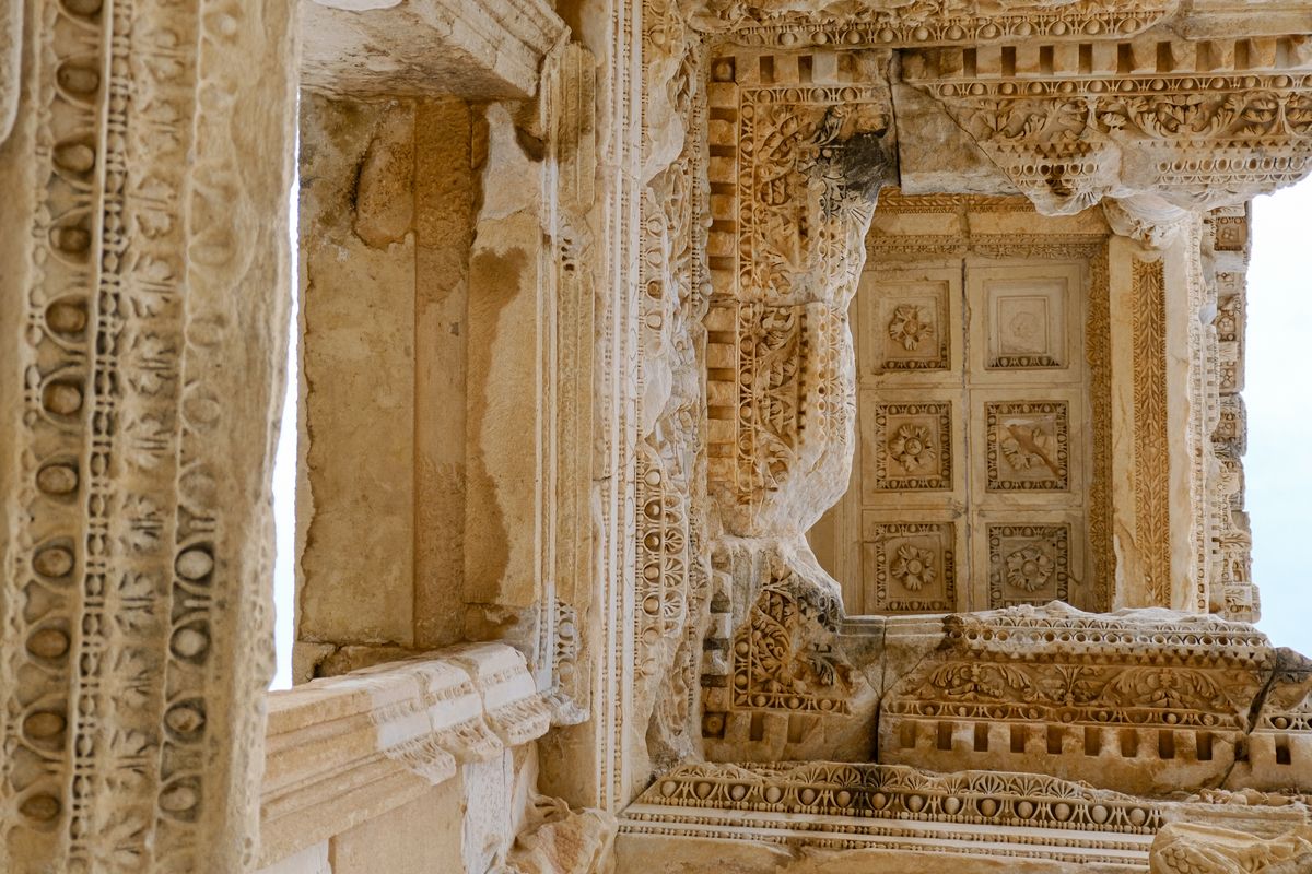 Carved marble detail at Ephesus — the best-preserved Roman city in the Eastern Mediterranean.