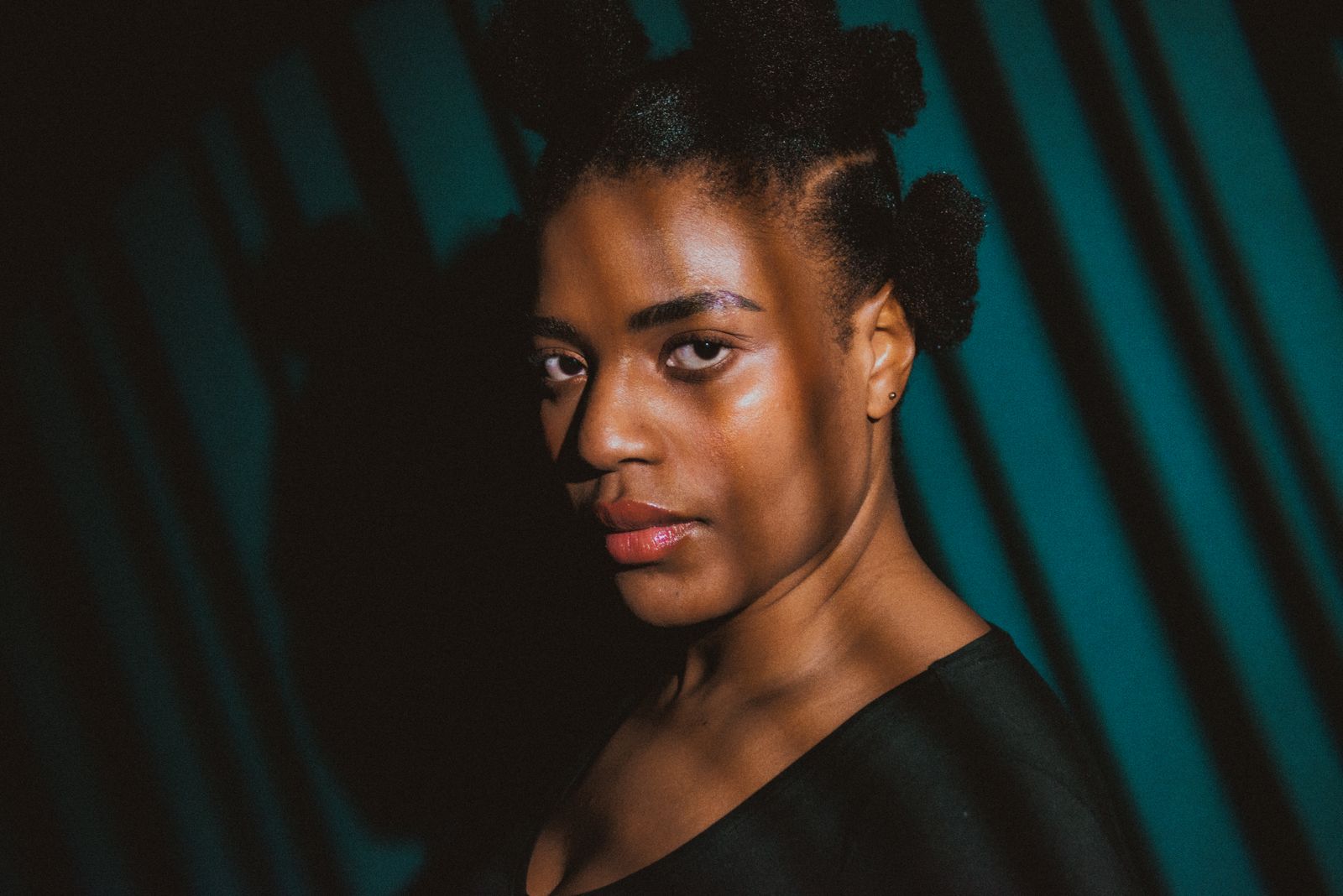 Dramatic portrait of a woman with a unique hairdo, artfully lit with shadows.