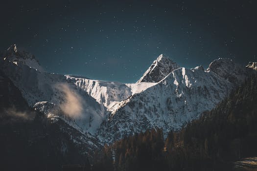 Majestic snowy mountains under a starlit sky create a serene night landscape.