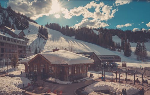 Wooden Building and Ski Lift in Winter Resort